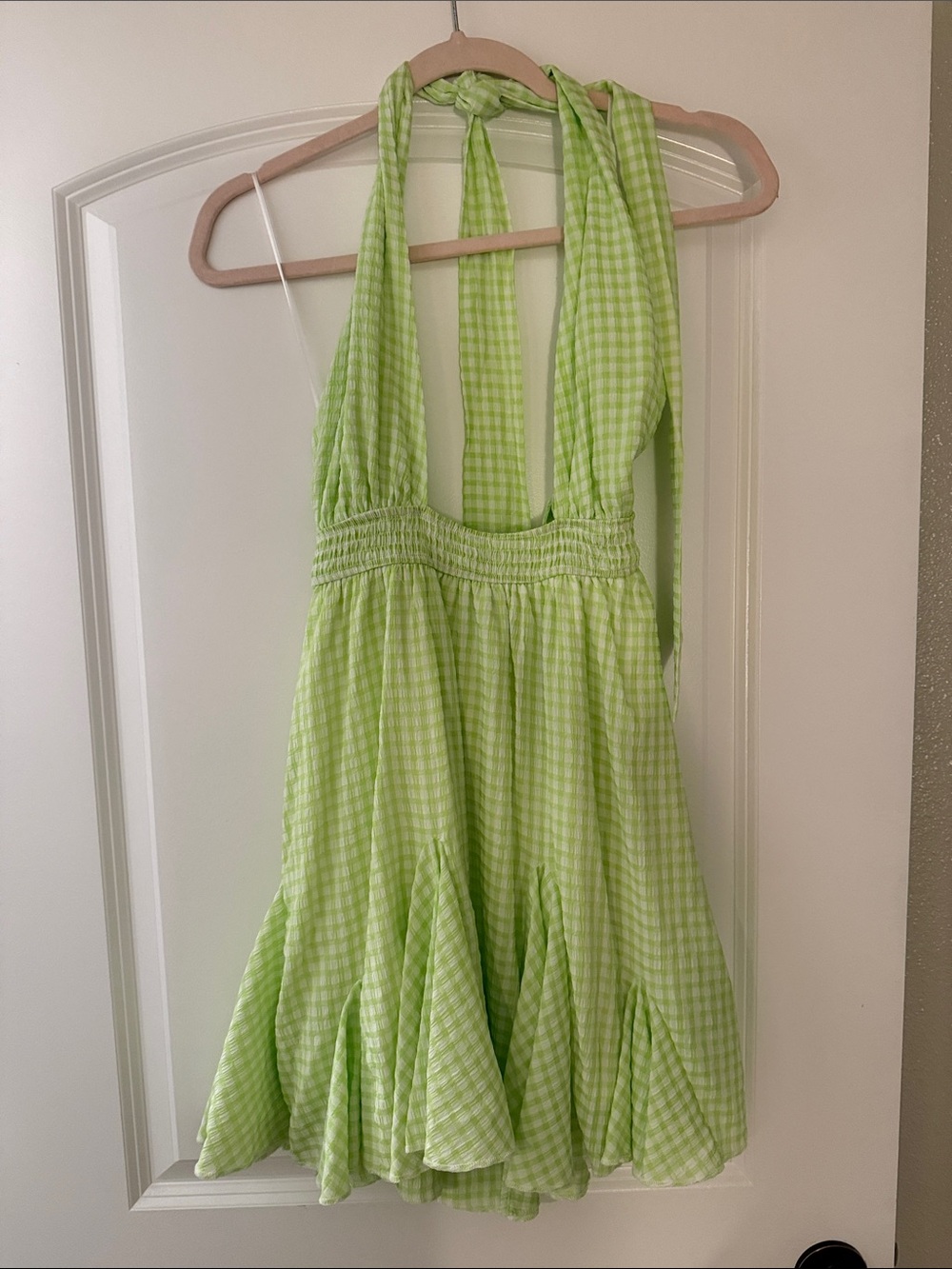 Light Green Gingham Halter Mini Dress